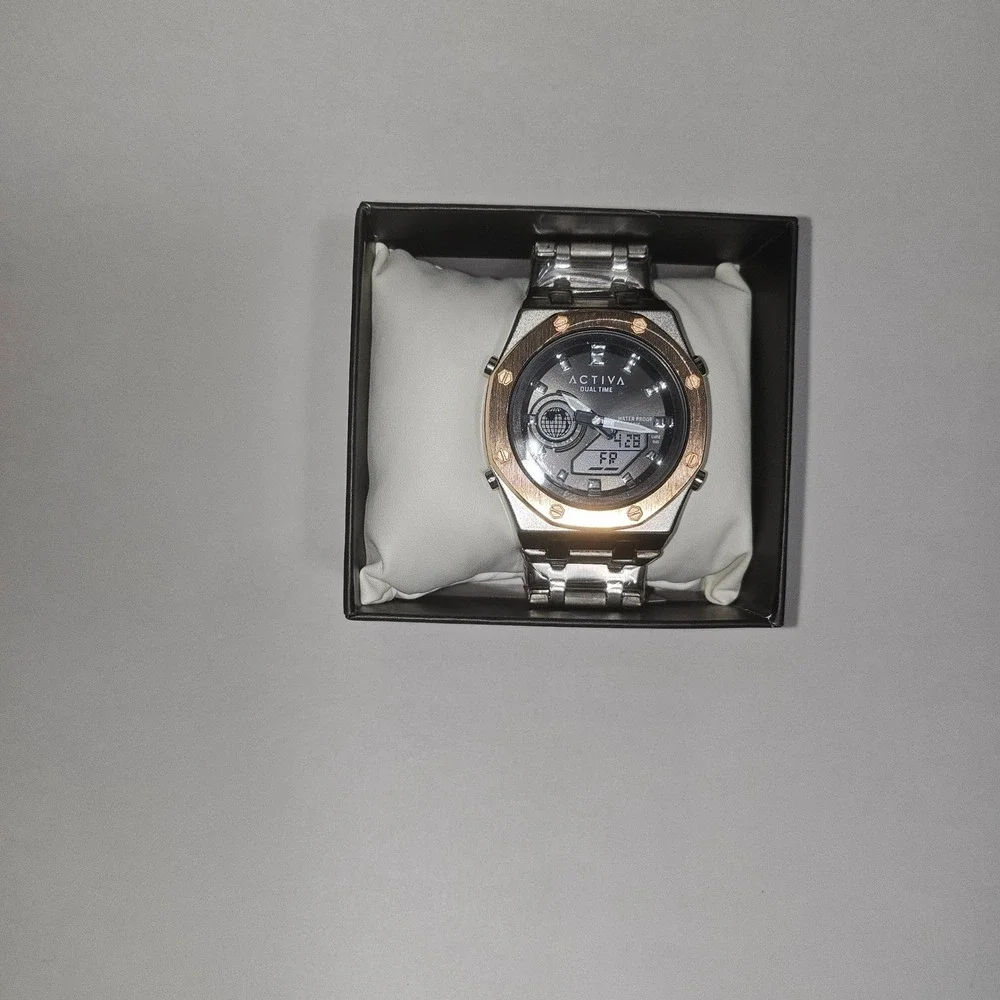 Activa Dual Time Mens Watch ACWM303-004 Silver Rose Gold Analog Digital Invicta
